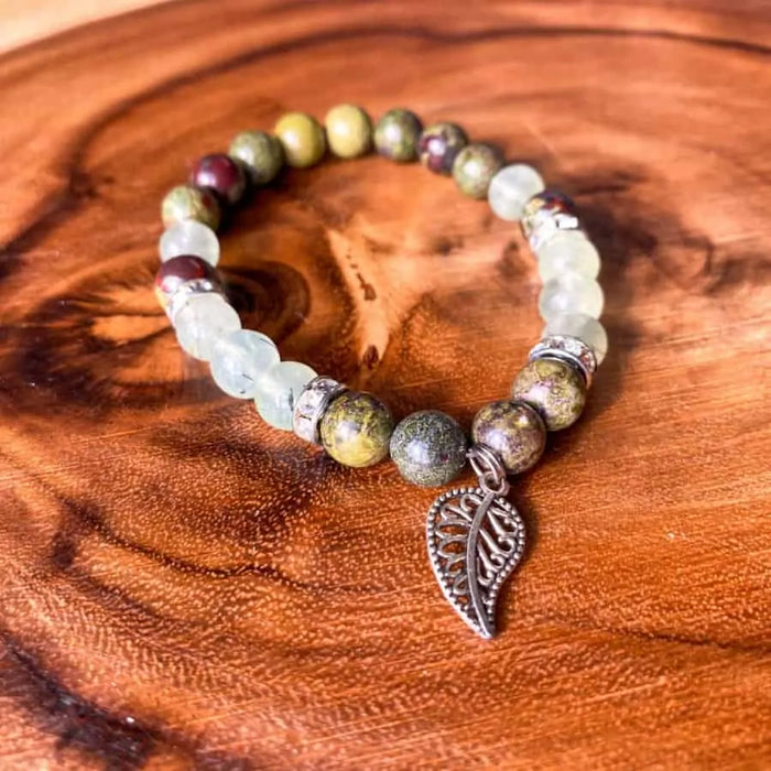 Dragons Blood Jasper And Prehnite 8mm Bead Charm Bracelet