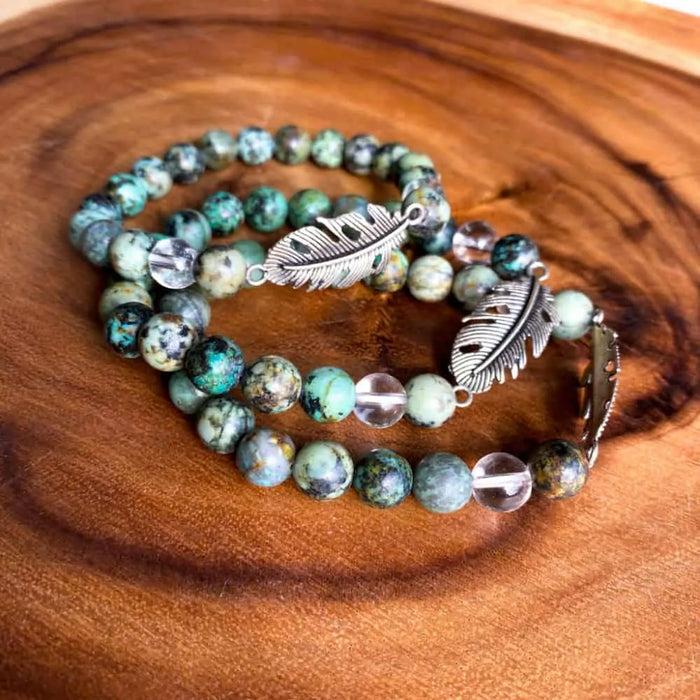 African Turquoise And Clear Quartz 8mm Bead Charm Bracelet