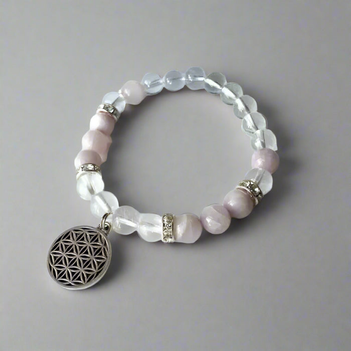 Clear Quartz And Kunzite w/ Flower of Life Charm 8mm Bead Bracelet