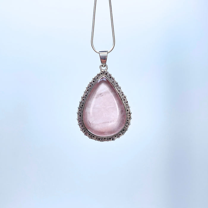 Rose Quartz Tear Drop Sterling Silver Pendant