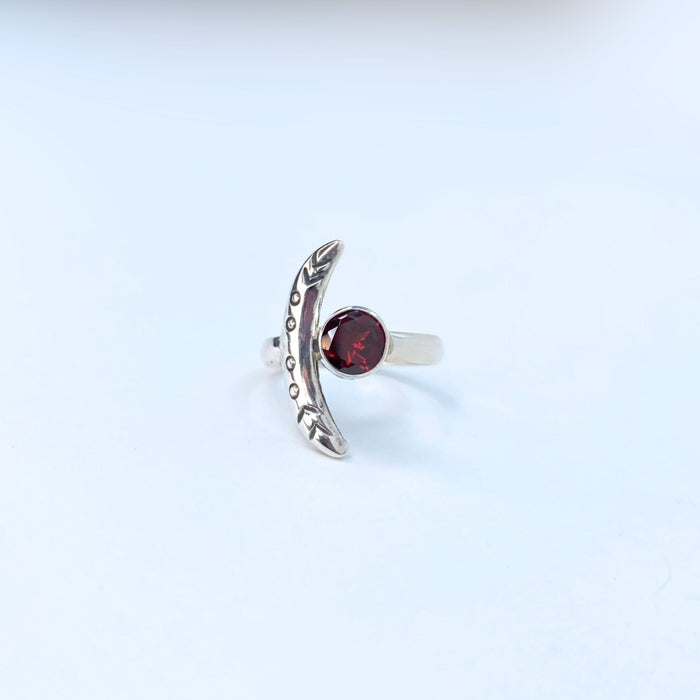 Garnet Crescent Moon Ring Sterling Silver