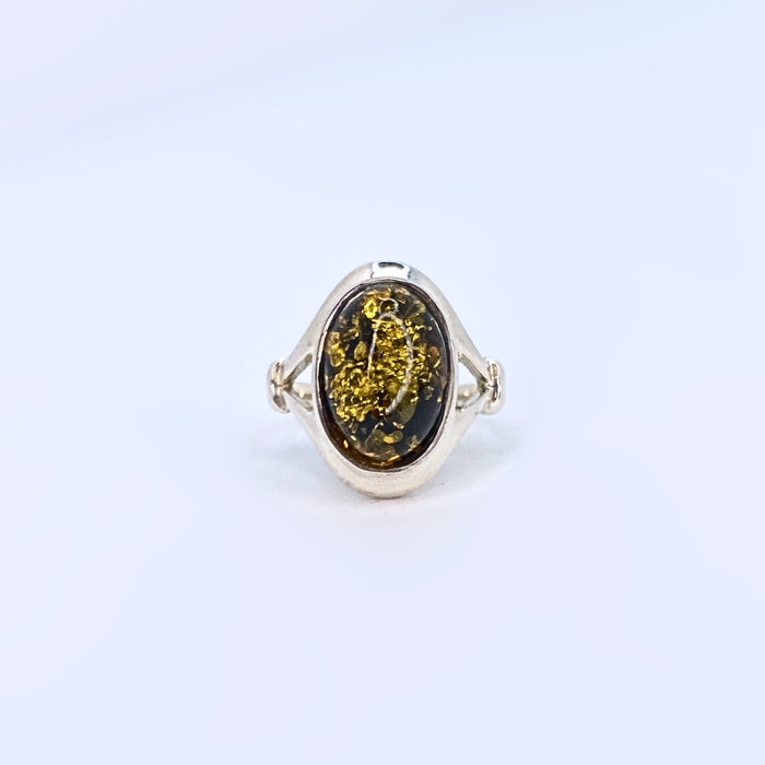 Green Amber Sterling Silver Ring