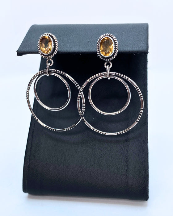 Oval Citrine Crescent Moon Hoops Sterling Silver