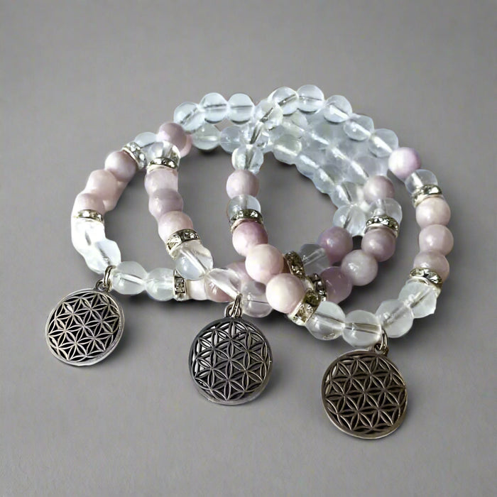 Clear Quartz And Kunzite w/ Flower of Life Charm 8mm Bead Bracelet