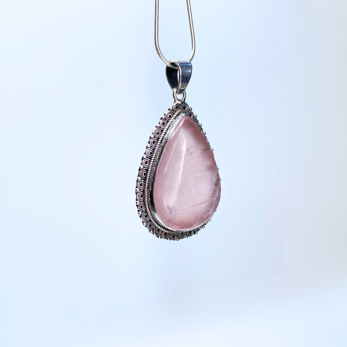 Rose Quartz Tear Drop Sterling Silver Pendant