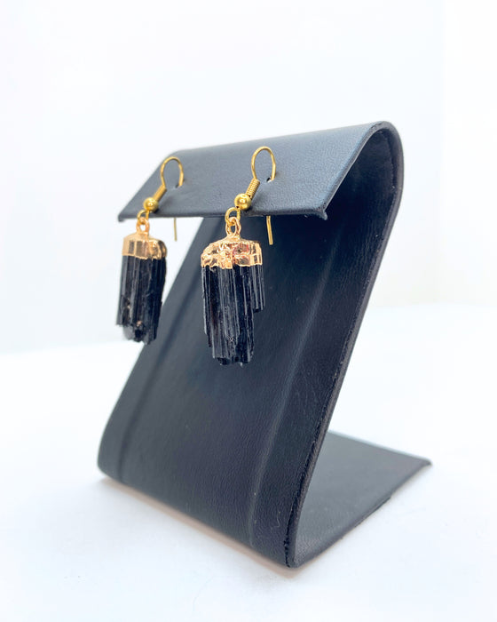 Raw Black Tourmaline Gold Earrings